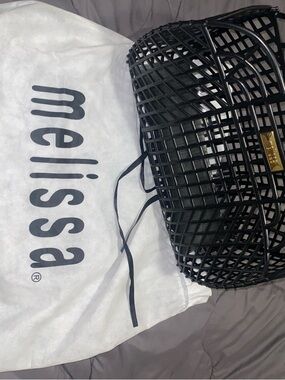 Melissa Black Lattice Basket Tote with Gold Plaque
